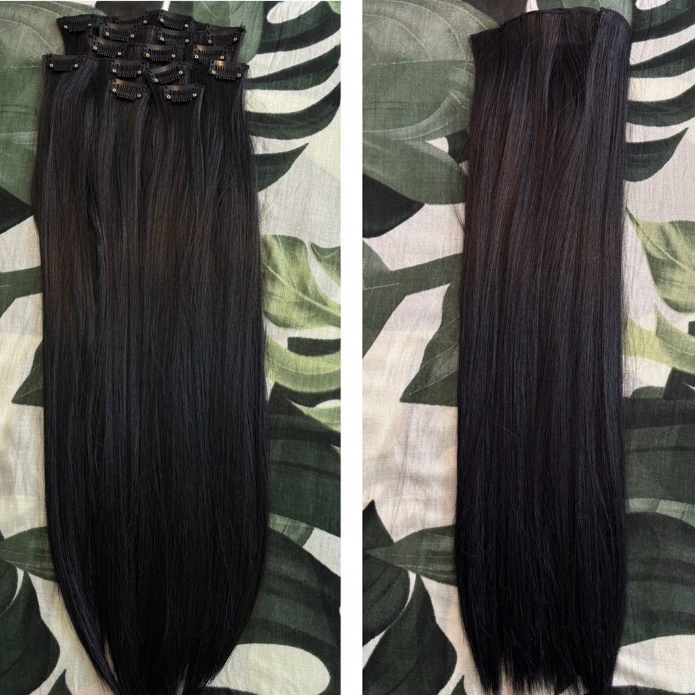 Human hair blend 24 In Black Clip in Hair Extensions Straight Beautiful‎ Hair - Picture 3 of 8